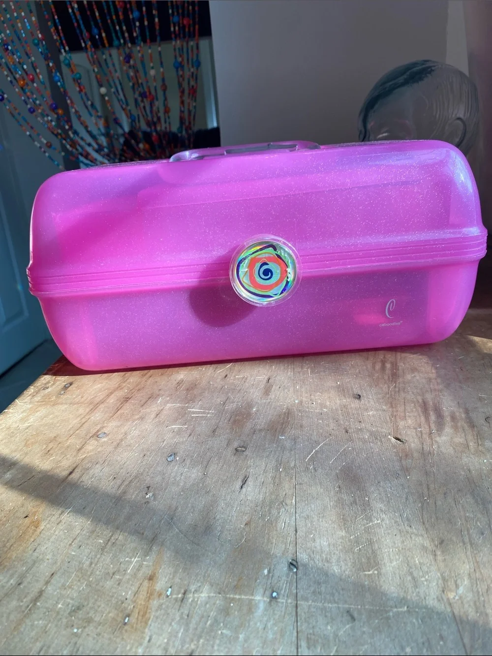 Pink Glitter Translucent Caboodle with Mirror Makeup Caddy Craft Caddy